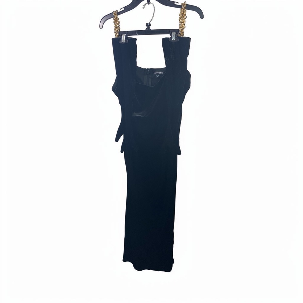 Fashion Nova Black Velvet Midi Dress Gold Chain Straps with Gloves Plus Size 1X